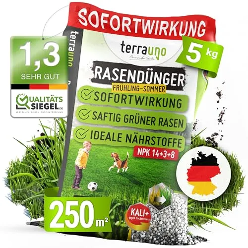 TerraUno Rasendünger Frühjahr/Sommer 5 kg - Rasendünger für 250 m² mit Sofortwirkung, fördert gesundes Wachstum und verdrängt Moos und Unkraut. Ideal gegen Trockenstress, perfekt für Streuwagen.