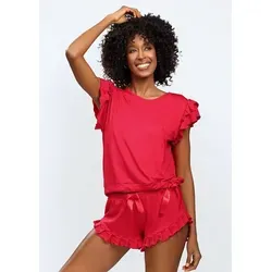 DKaren Damen Schlafanzug Set Lulu L - Zweiteiler Damen Pyjama - Loungewear mit Kurzen Ärmeln und Shorts - Nachtwäsche Damen mit Tasche und Rüschen - Pjama Set Kurz Rot