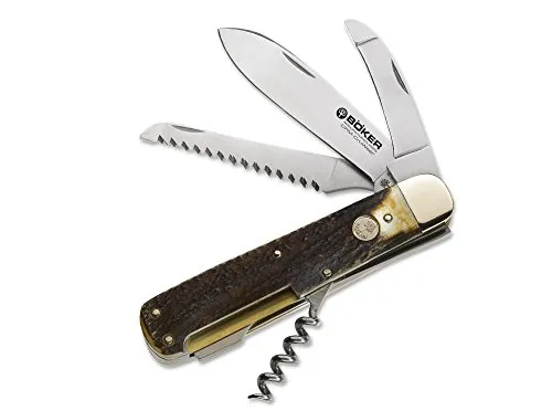 Böker 110649 Plus Quadro CPM Jagdmesser – Braun, Standard - Taschenmesser für Jäger mit klassischer Hirschhornbeschalung und extrem schnitthaltiger CPM-CruWear Klinge (62-63 HRC) für längeren Einsatz ohne Nachschärfen.