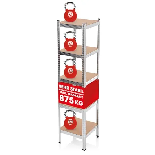 EASYmaxx Schwerlastregal 2in1 mit 5 Holzböden, 40x40x180cm - Werkstatteinrichtung mit flexibler Nutzung: als hohes Regal oder moderne Werkbank, tragfähig bis 175 kg pro Boden, einfacher Aufbau dank cleverem Montagesystem.