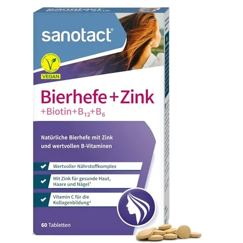 sanotact Bierhefe + Zink (60 Tabletten) - Bierhefe Nahrungsergänzung für Haut, Haare & Nägel, angereichert mit Zink und Vitaminen für natürliche Schönheit und gesundes Haarwachstum – 100% vegan und aus Deutschland.