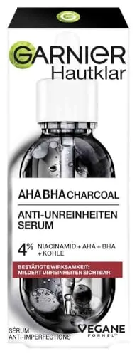 Garnier AHA + BHA Serum - Tagespflege mit 4% Niacinamide, ideal gegen Unreinheiten und Mitesser für ein geschmeidiges, ebenmäßiges Hautbild. Ergebnis: Sichtbare Verbesserung nach 7 Tagen.