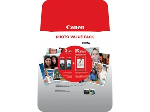 Canon PG-560XL & CL-561XL Tintenpatronen Bundle für PIXMA TS5350 - Tintenpatronen für PIXMA TS5350, hohe Kapazität für bis zu 400 Seiten in Schwarz und 300 Seiten in Farbe. Enthält auch 50 Blatt Fotopapier für brillante Druckergebnisse.