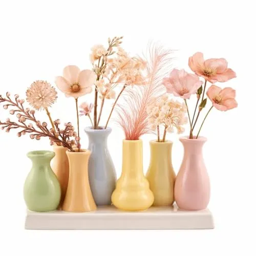 Handgefertigte Keramik Deko Blumenvasen Set – 7er Set Bunt & Weiß - 🌼 Ideal für kreative Tischdekoration mit Trockenblumen oder kleinen Sträußen. Jede Vase hat eine individuelle Öffnung und verleiht Ihrem Raum einen charmanten Akzent.