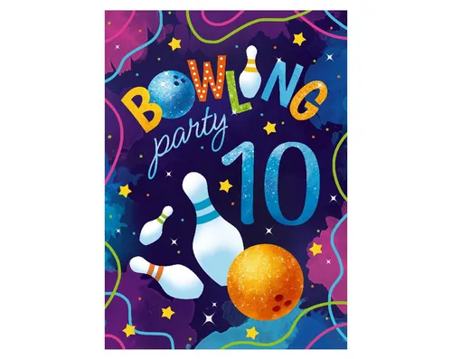 JUNAPACK Einladungskarten Bowling zum 10. Kindergeburtstag Jungen Mädchen Einladungen Kegeln, Einladungskarten zum 10. Geburtstag Bowling