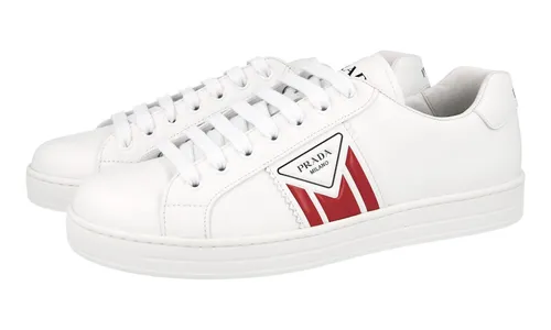 PRADA SNEAKER SCHUHE 4E3544 WEISS ROT LEDER NEU KLASSISCH LOGO 7 41 41,5