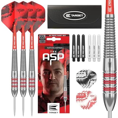TARGET DARTS Dartpfeil Nathan Aspinall Messing Steeldarts-Set, 22 g - Hochwertiges Steeldarts-Set mit 22 g Gewicht, ideal für präzises Spielen. Inklusive praktischem Aufbewahrungsetui für den sicheren Transport und Schutz der Pfeile. Perfekt für leidenschaftliche Dartspieler! Mit geprüfter Qualität für besten Spielkomfort.