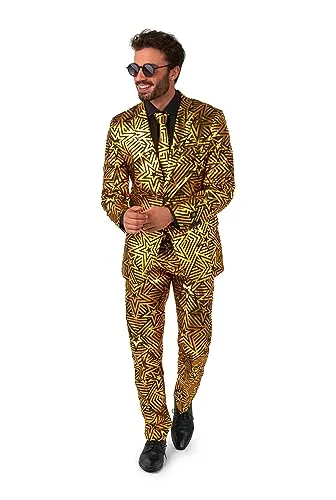 OppoSuits Glänzender Star-Anzug für Herren - Perfektes Weihnachts-Outfit - Anzüge für Herren, strahlender Goldener Geo Star für festliche Anlässe, inklusive Blazer, Hose und Krawatte, ideal für Weihnachtsfeiern und Silvesterpartys.