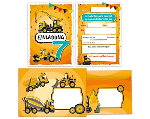 Einladungskarten incl. 12 Umschläge zum 7. Kindergeburtstag siebte Geburtstag Jungen Baustelle Geburtstagseinladungen 12