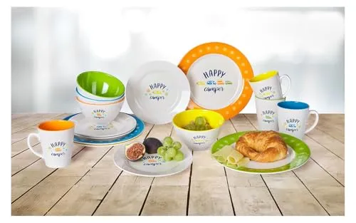 Berger Happy Camper Melamin Geschirr-Set bunt 16-tlg. für 4 Personen - Komplett-Service aus robustem Melamin, ideal für Camping und Picknicks – leicht, bruchfest und farbenfroh.