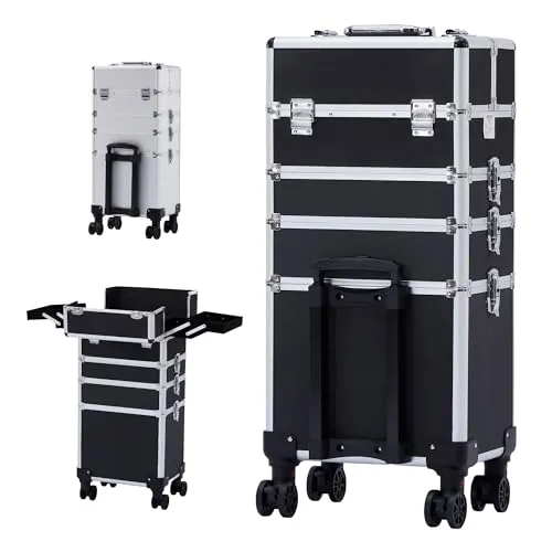 Arebos Kosmetikkoffer XL - Der perfekte Beautykoffer für Profis - Beauty Case für Friseure und Make-up Artists, mit 4 Hauptfächern, Teleskopgriff und Doppelrollen für einfachen Transport, Maße: 35 x 25 x 75 cm, ideal für unterwegs.