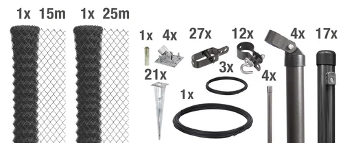 Alberts Maschendrahtzaun Komplettset 40 m, anthrazit-metallic - Maschendrahtzaun-Komplettset mit praktischer Einschlagbodenhülse, ideal für einen stabilen und langlebigen Zaun. Hochwertige Stahlkonstruktion in anthrazit-metallic, perfekt für Garten und Grundstück.