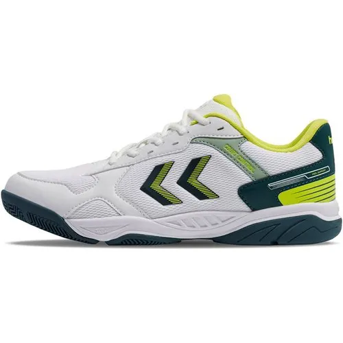 Hummel Court Control II Hallenschuhe Weiß/Grün/Yellow 46 - Vielseitige Hallenschuhe für Hartplätze und Teppichböden, mit atmungsaktivem Obermaterial und optimaler Dämpfung für höchsten Komfort während des Spiels.