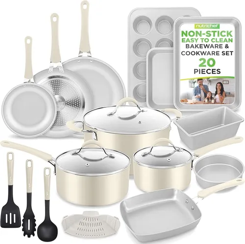 NutriChef 20-teiliges Induktions-Kochgeschirrset in Weiß - Vielseitiges Set mit Töpfen, Pfannen und Zubehör für alle Herdarten. Die langlebige Antihaftbeschichtung sorgt für fettfreies Kochen und einfache Reinigung – ideal für jeden Kochliebhaber.