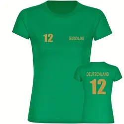 multifanshop T-Shirt Damen Deutschland - Trikot Nummer 12 Gold - Sportliches Damen T-Shirt in grün, 100% Baumwolle, ideal für Fußballfans und perfekt für den nächsten Spieltag.