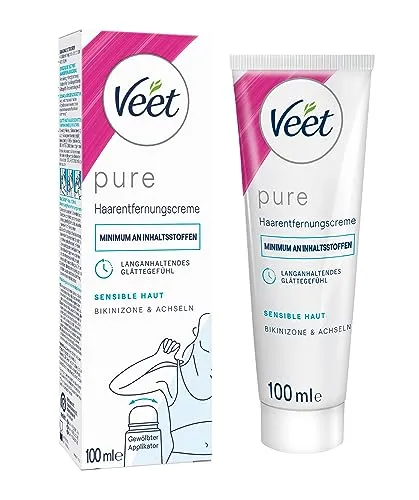 Veet Pure Haarentfernungscreme für Bikinizone & Achseln - 100 ml Tube - Optimale Haarentfernung für Bikinizone und Achseln mit gewölbtem Applikator. Die dermatologisch getestete Formel sorgt für seidig glatte Haut ohne Rasieren und mit minimalen Inhaltsstoffen.