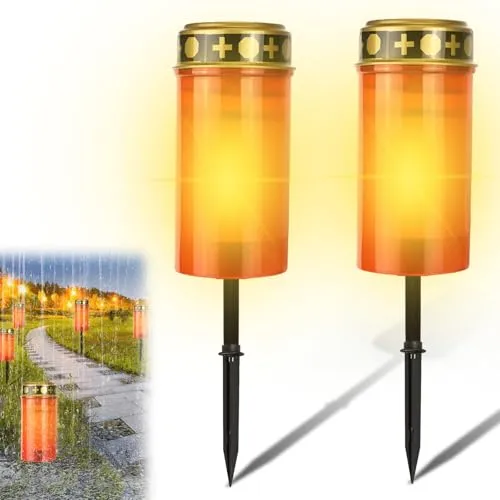 Vaileal 2 Stück Grablicht: Grablicht Solar, Grableuchte Solar, Wasserdichtes Outdoor Friedhofskerze Solarbetrieben mit Lichtsensor, Grabkerze mit Erdspieß, Kerzen Outdoor, 7 x12 cm