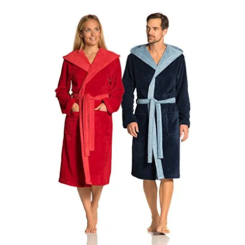 Vossen Bademantel Poppy, ideal für Sauna & Spa, Hotelbademantel, Morgenmantel, Langform, Microfaser-Walkfrottee, Kapuze, Gürtel, Doubleface Optik blau M