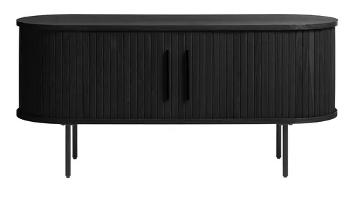 Trendstore Lowboard Uriel, Eiche Schwarz - TV-Halterungen mit modernem Design, ausgestattet mit praktischen Lamellenschiebetüren und platzsparender Funktionalität für ein trendbewusstes Zuhause.