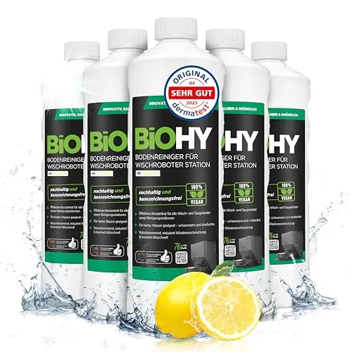 BiOHY Bodenreiniger für Wischroboter Station mit Frischeduft (6 x 1 Liter) | Reinigungsmittel Konzentrat für alle Wisch & Saugroboter mit Nass-Funktion | Schaumarm & Streifenfrei | Für alle Böden