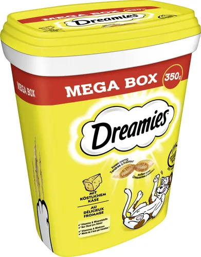 DREAMIES Mega Box Katzensnacks mit Käse 2x350g - Köstliche, knusprige Taschen mit zarter Käsefüllung. Ideal für alle Katzenrassen, perfekt für die tägliche Belohnung und mit Vitaminen angereichert. Lagerung: kühl und trocken.