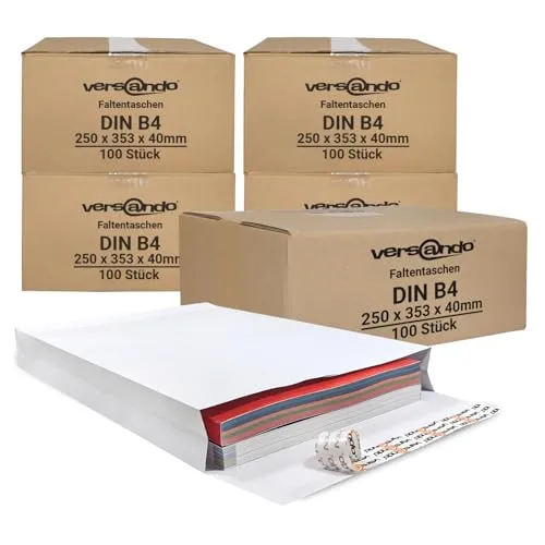 versando 500x B4 Faltentaschen 4cm Falte ohne Fenster (250x353x40 mm) Versandtaschen Bodenfalte haftklebend weiß