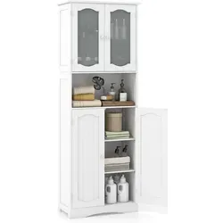COSTWAY 164 cm hoher Badezimmerschrank mit Milchglastüren - Badezimmerschrank mit 2 verstellbaren Regalen und offenem Fach für einfachen Zugriff auf Toilettenartikel. Sicherer Kippschutz für Haushalte mit Kindern und stilvolles Design, das sich in jeden Raum einfügt.