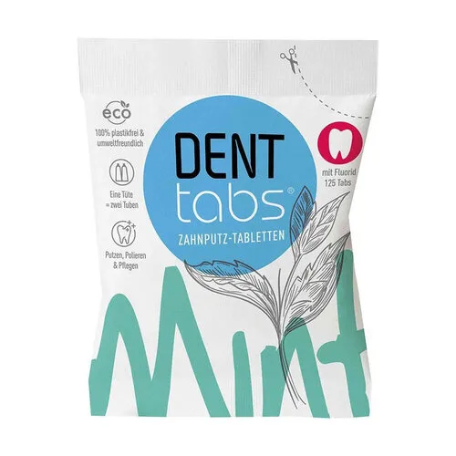DENTTABS Zahnputztabletten stevia-mint 125 St - Zahnpasten mit natürlichem Stevia-Geschmack, umweltfreundlich und praktisch für zu Hause oder unterwegs.