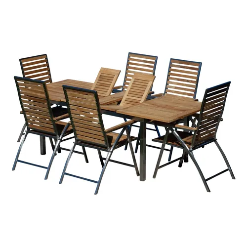 Gartengarnitur Edelstahl Teak Set 160/220 cm - Loungemöbel & Sitzgruppen, 7-teiliges Set mit ausziehbarem Tisch und 6 Hochlehnern aus wetterfestem Teakholz – ideal für entspannte Stunden im Garten.