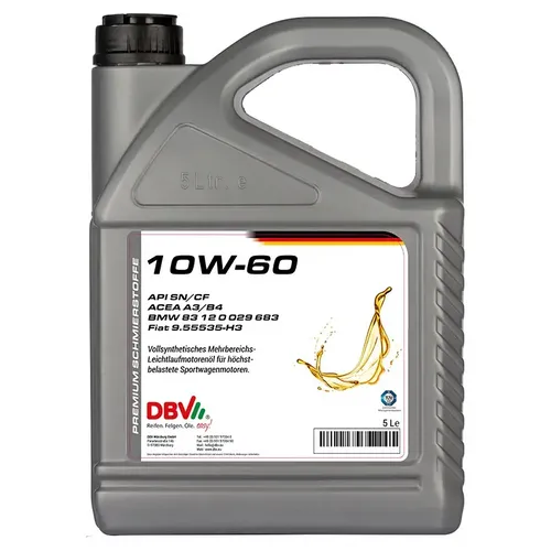 Leichtlauf DBV Synthetisch 10W-60 - 5 Liter - Hochleistungs-Motoröl für Benzin- und Dieselmotoren, ideal für Sportmotoren. Bietet hervorragenden Schutz gegen Ablagerungen und optimale Motorleistung bei extremen Temperaturen.
