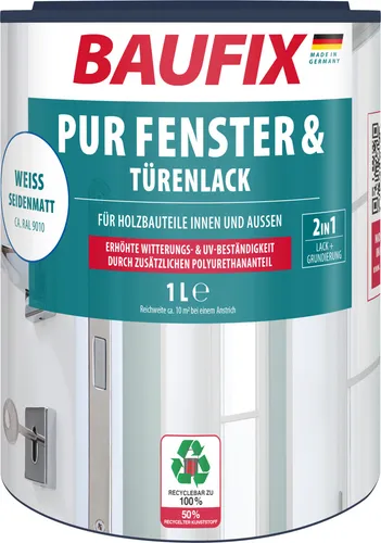 BAUFIX PUR Fenster- & Türenlack weiss seidenmatt, 1 Liter, Weißlack