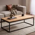 FineBuy Couchtisch Akazie Massivholz 120 cm · Rechteckiger Wohnzimmertisch mit schwarzem Metallgestell · Handgefertigter Industrial Massivholztisch