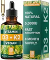 NATURTREU® Vitamin D3 K2 Tropfen hochdosiert & vegan - 100% pflanzlich (ohne tierisches Lanolin) - 1000IE Vitamin D + Vitamin K2 - Sonnenfreund
