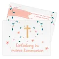 Papierdrachen 12 Einladungskarten zur Kommunion - Motiv Blumen Kreuz - Einladung zur Heiligen Kommunion für Mädchen und Jungen - DIN A6 - Set 3