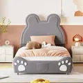 Flieks Polsterbett 90x200cm mit Lattenrost, Kinderbett Jugendbett mit Bärenohrenmuster, Einzelbett Holzbett Klassisches Bett Kinder, Samt, Grau - Grau