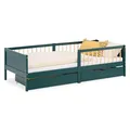 Homestyle4u Kinderbett 90x200 mit Rausfallschutz Schubladen Lattenrost Grün Bett Kinder Bodenbett Holzbett Kiefer Holz ausziehbar