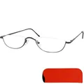Mini Brille Halb Rund Metall Lesebrille Halbbrille, Gratis Etui, Edelstahl Rahmen (Graphit) mit Federscharnier, Lesehilfe Damen und Herren +2.5 Dioptrien