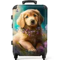 NoBoringSuitcases.com© Kinderkoffer Welpe - Blumenkranz - Schmetterling - Hund - Golden Retriever 67 cm -, 4 Rollen, Mittelgroßer Reisetasche mit Rollen für 20kg, Kinderkoffer blau|bunt 43 cm x 67 cm x 25 cm