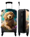 NoBoringSuitcases.com® Koffer groß Trolley Rollkoffer Reisekoffer mit 4 Rollen Fotokoffer - Welpe - Blumenkranz - Schmetterling - Hund - Golden Retriever - 67x43x25cm - 90 Liter