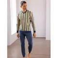 Schlafanzug, Herren, Gr. 56/58, dunkelblau, ocker, gestreift, 100% Baumwolle, Homewear-Sets