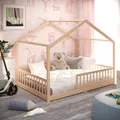 CADANI Malte Hausbett 140x200 cm Bodenbett, Rausfallschutz abnehmbar, bis 200 kg belastbar, Roll-Lattenrost, Montessori Kinderbett Kiefer Massivholz, 2 in 1 umbaubar, Naturholz