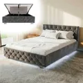 Juskys Polsterbett Nizza 140x200 cm Samt mit Stauraum, LED Beleuchtung & Lattenrost - Chesterfield Steppung & Kopfteil - Bett Bettgestell - Grau
