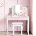 Costway - Kinder 2 In 1 Schminktisch Set, Frisiertisch Mit Dreifach Klappbarem Spiegel & Schublade, Kosmetiktisch Mit Schminkhocker, Schminkkommode Weiss
