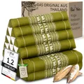 livasia Thaikissen mit 2 Auflagen - 120x50x8cm - Dreieckskissen mit Sitzkissen, Keilkissen mit Kapok, Rückenkissen faltbar, Thaimatte zum Klappen, handgefertigt, Meditationskissen (Grün/Elefanten)