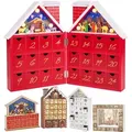 Brubaker Wiederverwendbarer Adventskalender aus Holz zum Befüllen - Rotes Weihnachtshaus mit Krippenspiel und LED-Beleuchtung - DIY Weihnachtskale... - Rot/Weiß/Hellblau