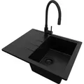 PRIMAGRAN Granitspüle Alles Schwarz 62x50cm, Spülbecken 1 Becken + Küchenarmatur 40x38cm + Ablauf-Set, Küchenspüle ab 40er Unterschrank - Mailand - Schwarz