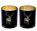 EDZARD 2er Set Teelichtglas Fancy, Höhe 8 cm, Durchmesser 7,5 cm, außen schwarz, innen Gold, Teelichthalter, Windlicht mit Hirsch-Motiv