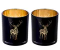 EDZARD Windlicht Fancy, 2er-Set, Glas, Hirsch-Motiv, schwarz und gold, H 8 cm, Ø 7 cm
