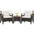 COSTWAY 3tlg. Rattanmöbel mit 2 Sessel und 1 Beistelltisch, Polyrattan Gartenmöbel Gartenlounge Gartengarnitur Sitzgruppe, Sitzgarnitur Gartenset... - Braun/Weiß