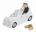 Spardose Brautpaar im Hochzeitsauto | Schönes Sparschwein ideal als Hochzeits-Geschenk | Hochzeits-Deko & Verzierung | „Just Married“ Spruch-Spardose | Sammel-Sparbüchse für Flitterwochen & Hochzeit